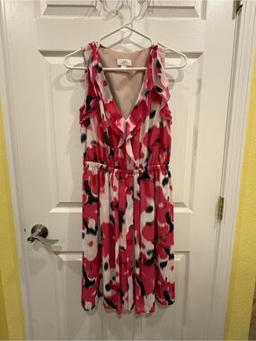 LOFT Blush Pink Floral V-Neck Ruffle Dress